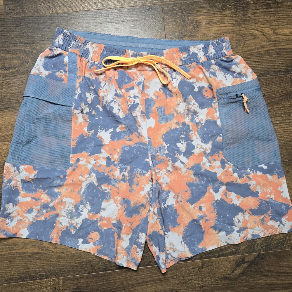 LULULEMON Men's 8" Water Repellent Hiking Shorts Large Camo Orange Blue